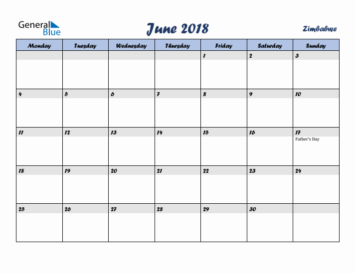 June 2018 Calendar with Holidays in Zimbabwe