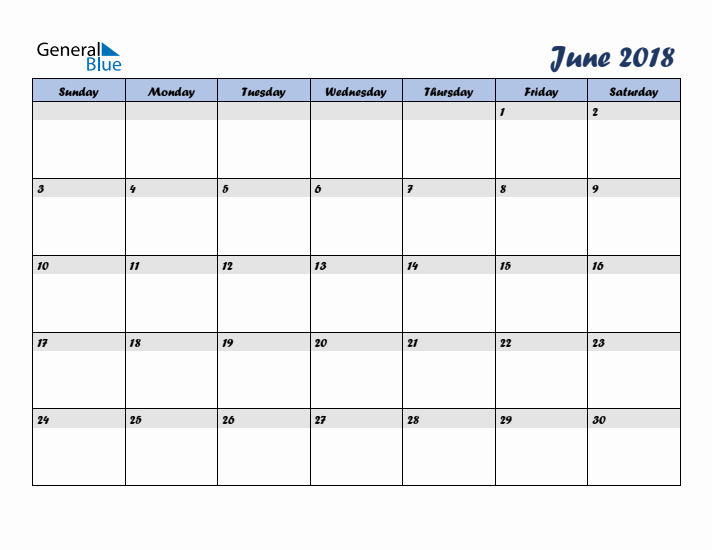 June 2018 Blue Calendar (Sunday Start)
