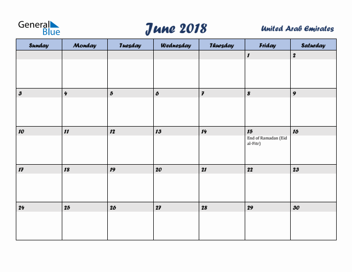 June 2018 Calendar with Holidays in United Arab Emirates