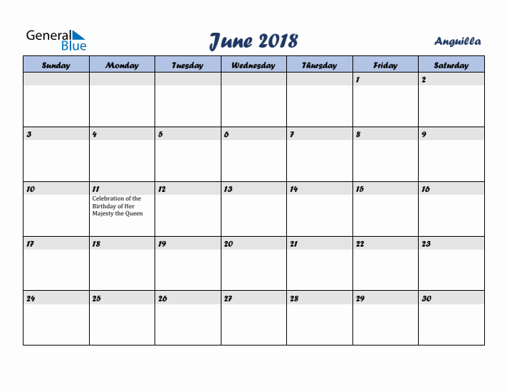 June 2018 Calendar with Holidays in Anguilla