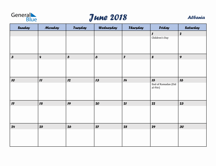 June 2018 Calendar with Holidays in Albania
