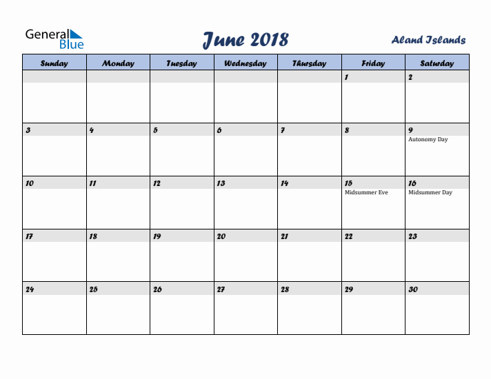 June 2018 Calendar with Holidays in Aland Islands