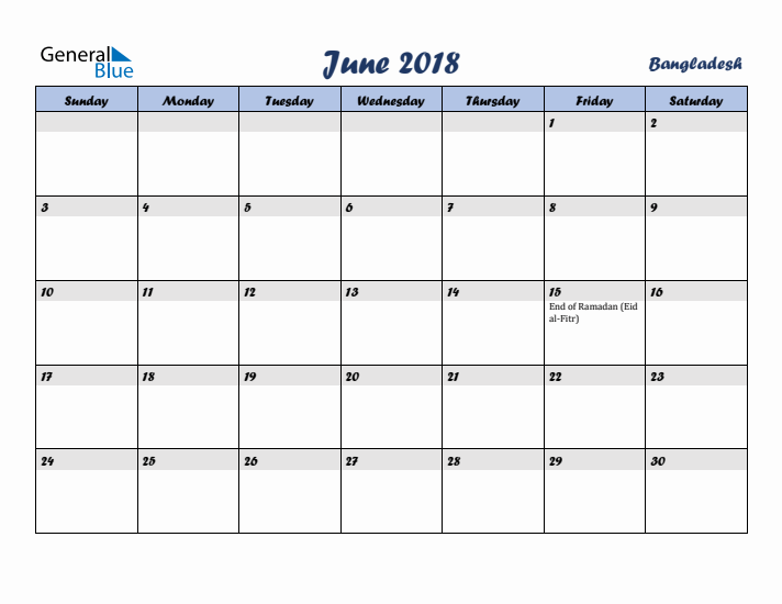 June 2018 Calendar with Holidays in Bangladesh
