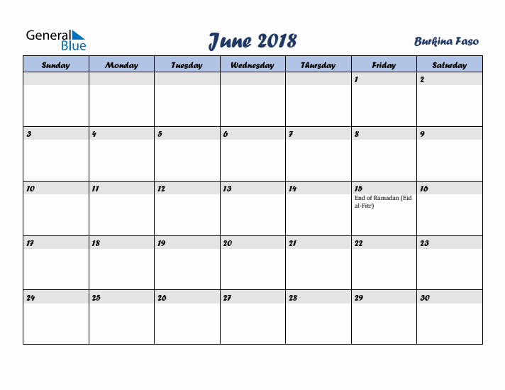 June 2018 Calendar with Holidays in Burkina Faso