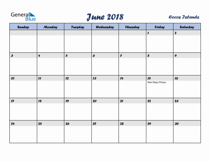 June 2018 Calendar with Holidays in Cocos Islands