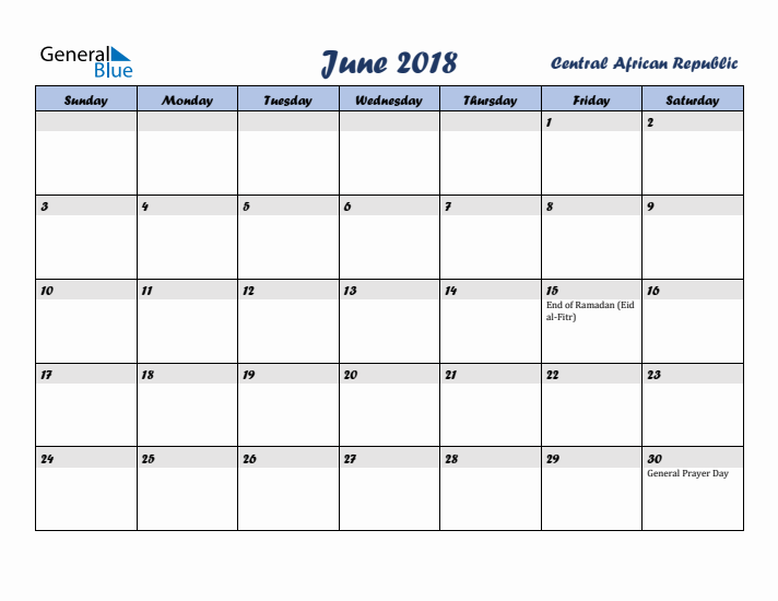 June 2018 Calendar with Holidays in Central African Republic