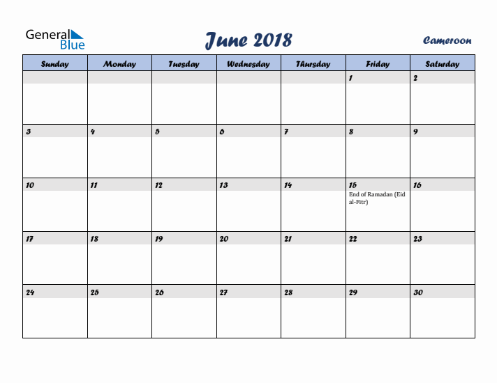 June 2018 Calendar with Holidays in Cameroon