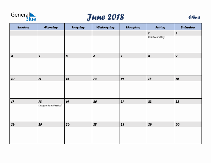 June 2018 Calendar with Holidays in China