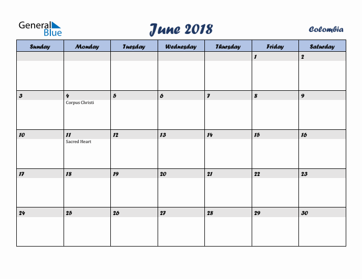 June 2018 Calendar with Holidays in Colombia