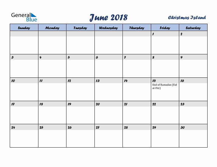 June 2018 Calendar with Holidays in Christmas Island