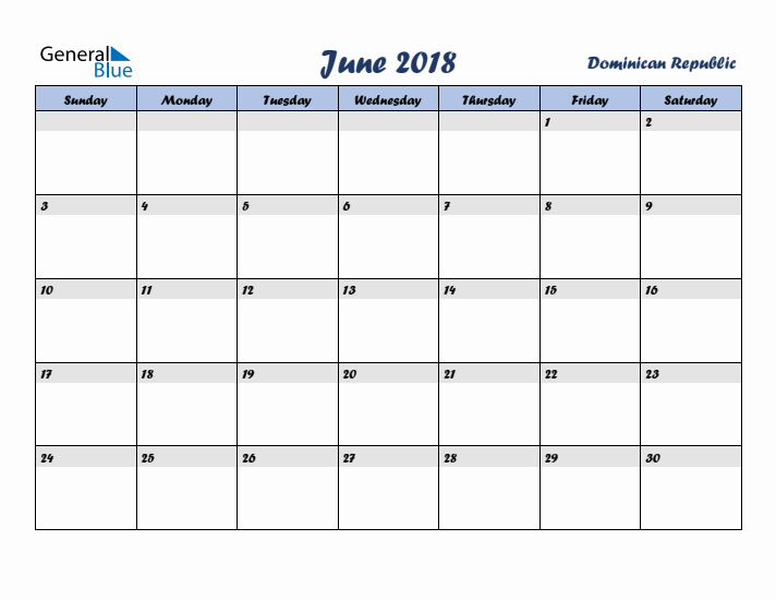 June 2018 Calendar with Holidays in Dominican Republic