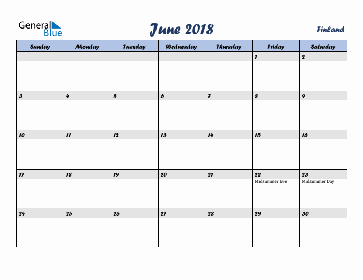 June 2018 Calendar with Holidays in Finland