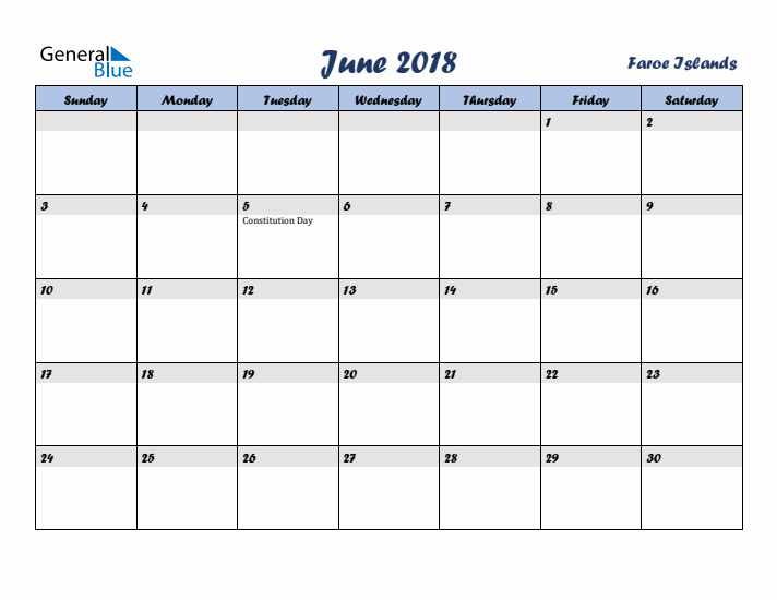 June 2018 Calendar with Holidays in Faroe Islands