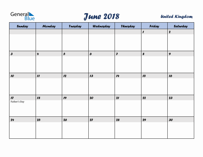 June 2018 Calendar with Holidays in United Kingdom