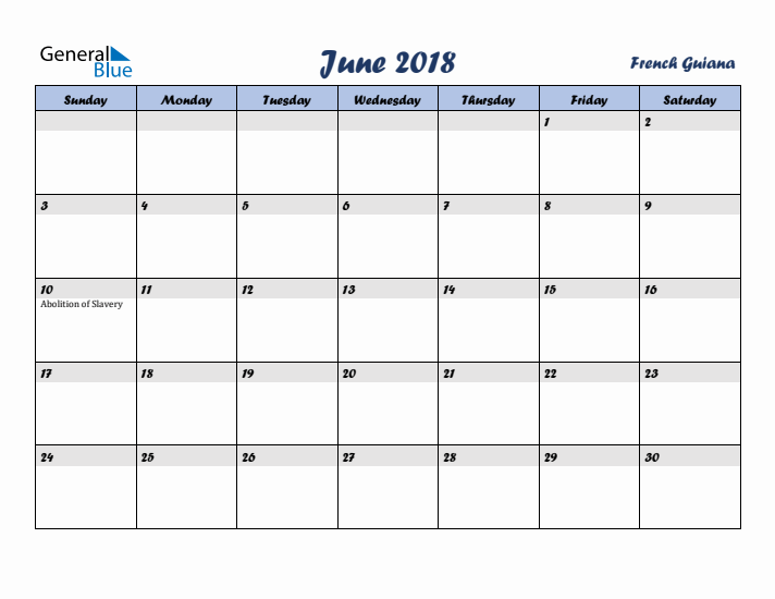 June 2018 Calendar with Holidays in French Guiana