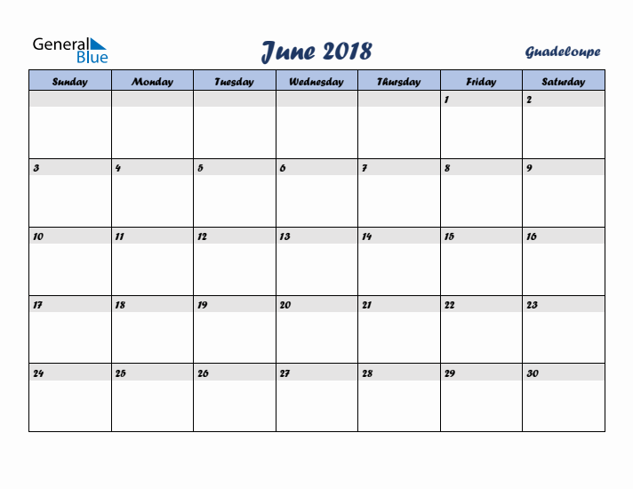 June 2018 Calendar with Holidays in Guadeloupe