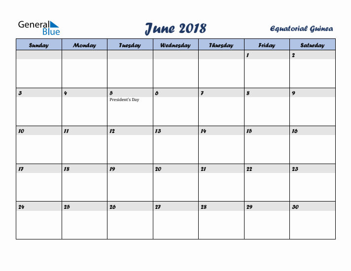 June 2018 Calendar with Holidays in Equatorial Guinea