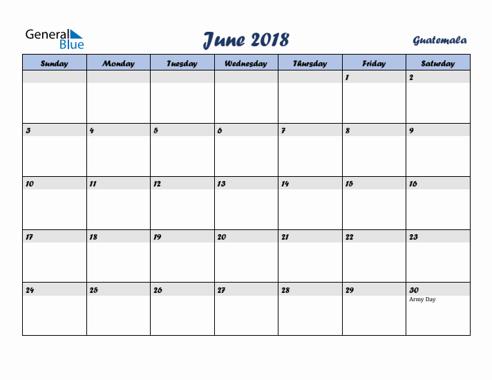 June 2018 Calendar with Holidays in Guatemala