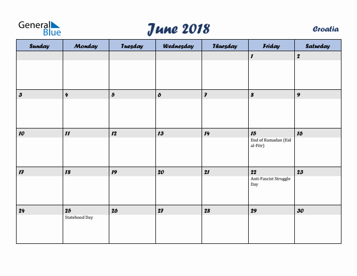 June 2018 Calendar with Holidays in Croatia