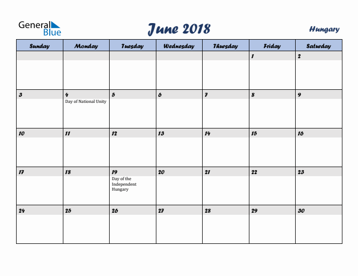 June 2018 Calendar with Holidays in Hungary