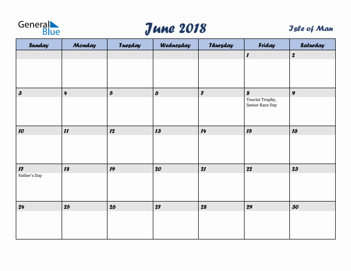 June 2018 Calendar with Holidays in Isle of Man