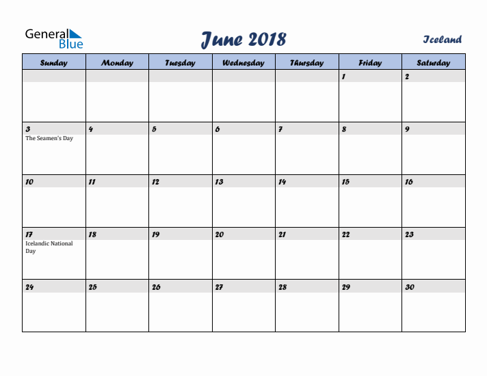 June 2018 Calendar with Holidays in Iceland
