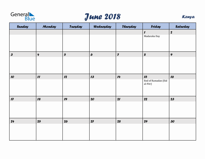 June 2018 Calendar with Holidays in Kenya
