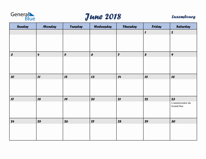 June 2018 Calendar with Holidays in Luxembourg