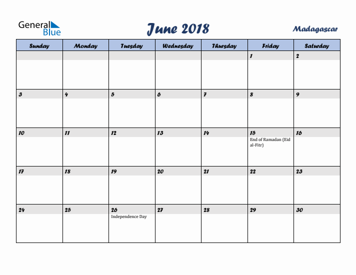 June 2018 Calendar with Holidays in Madagascar