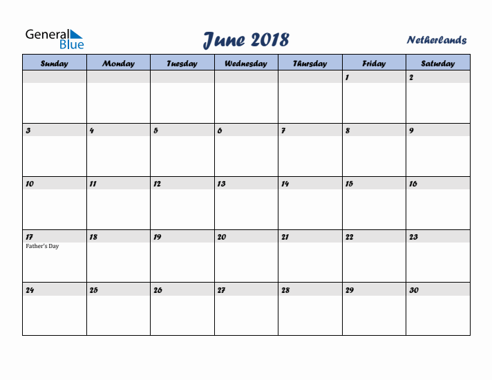 June 2018 Calendar with Holidays in The Netherlands