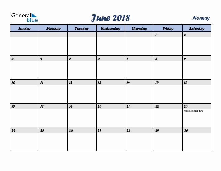 June 2018 Calendar with Holidays in Norway