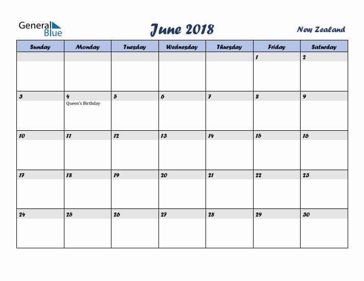 June 2018 Calendar with Holidays in New Zealand