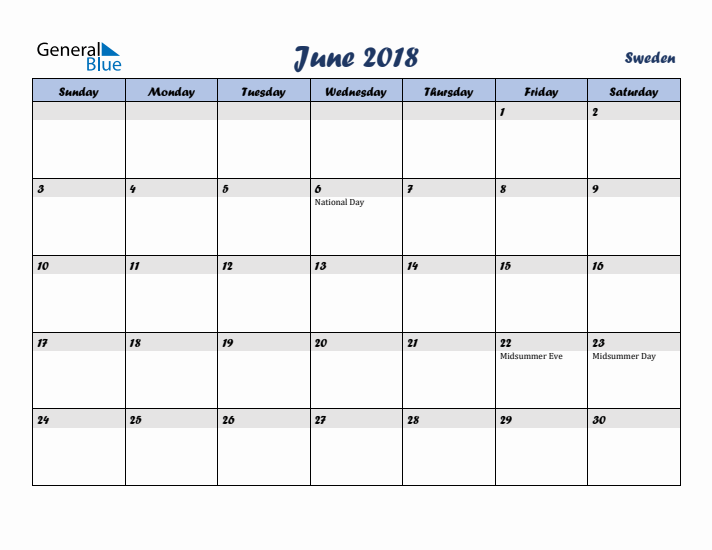 June 2018 Calendar with Holidays in Sweden