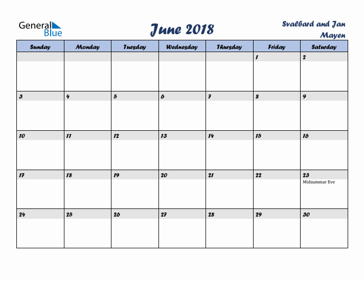 June 2018 Calendar with Holidays in Svalbard and Jan Mayen