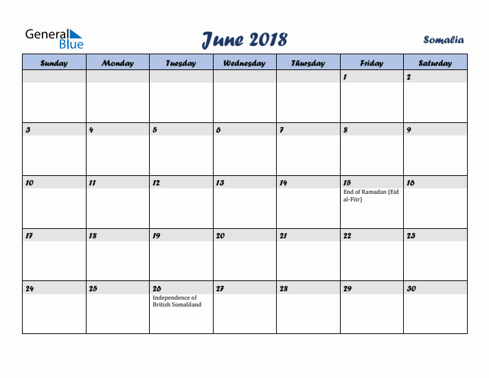 June 2018 Calendar with Holidays in Somalia