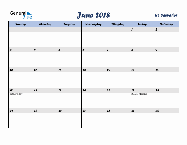 June 2018 Calendar with Holidays in El Salvador