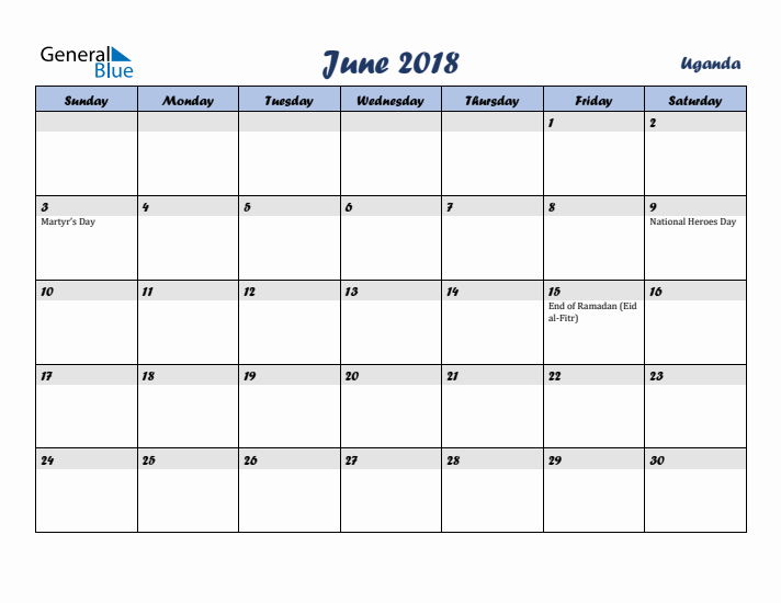 June 2018 Calendar with Holidays in Uganda