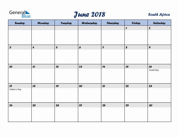 June 2018 Calendar with Holidays in South Africa
