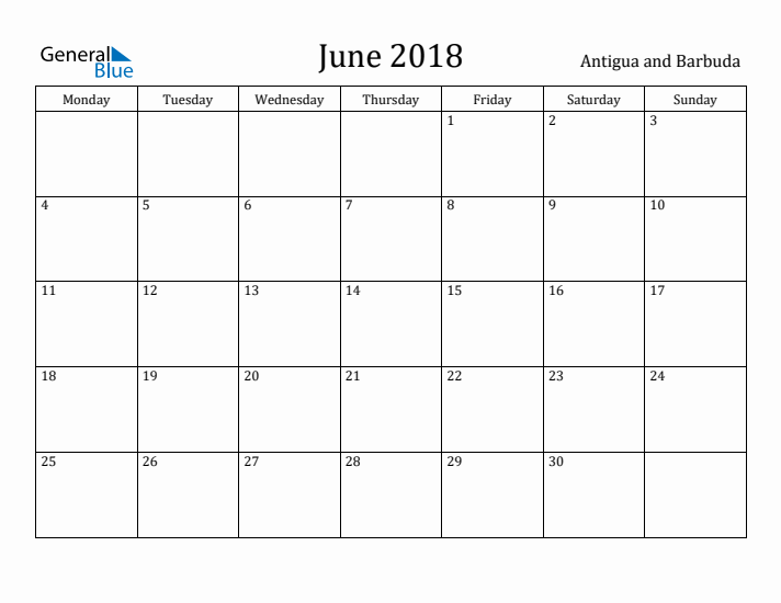 June 2018 Calendar Antigua and Barbuda