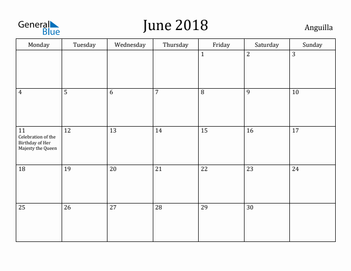 June 2018 Calendar Anguilla