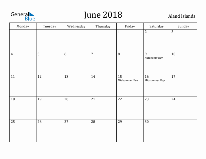 June 2018 Calendar Aland Islands