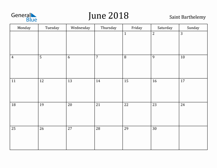 June 2018 Calendar Saint Barthelemy