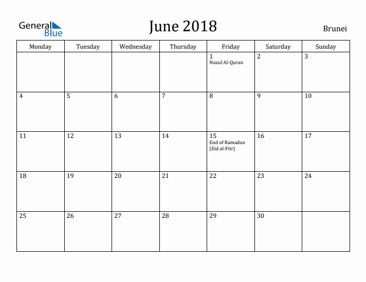 June 2018 Calendar Brunei
