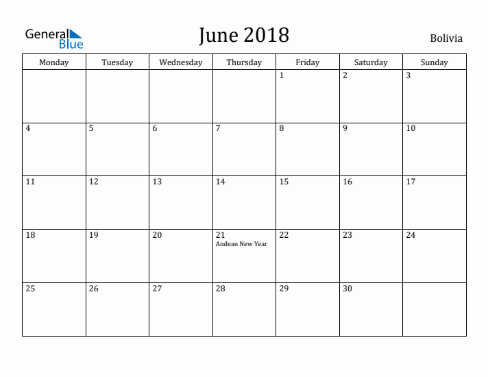 June 2018 Calendar Bolivia