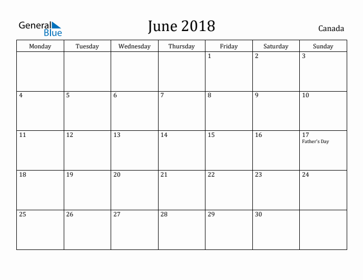 June 2018 Calendar Canada