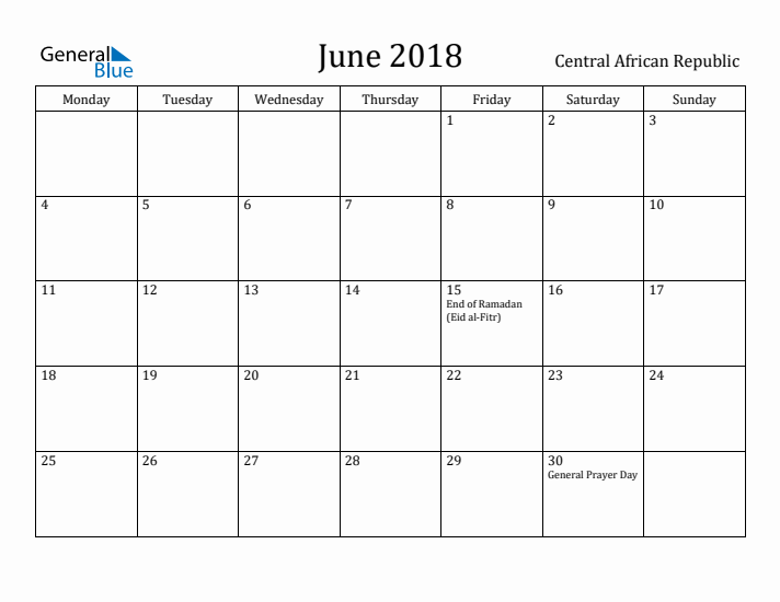June 2018 Calendar Central African Republic