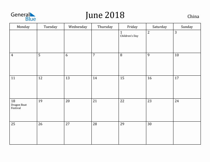 June 2018 Calendar China