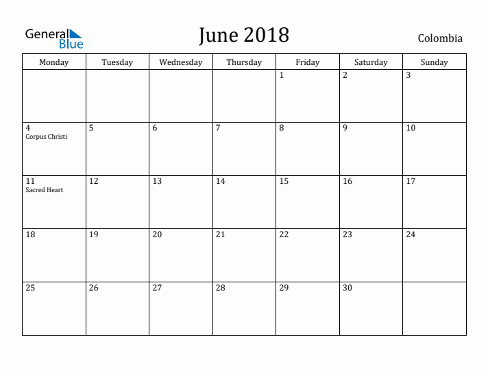 June 2018 Calendar Colombia