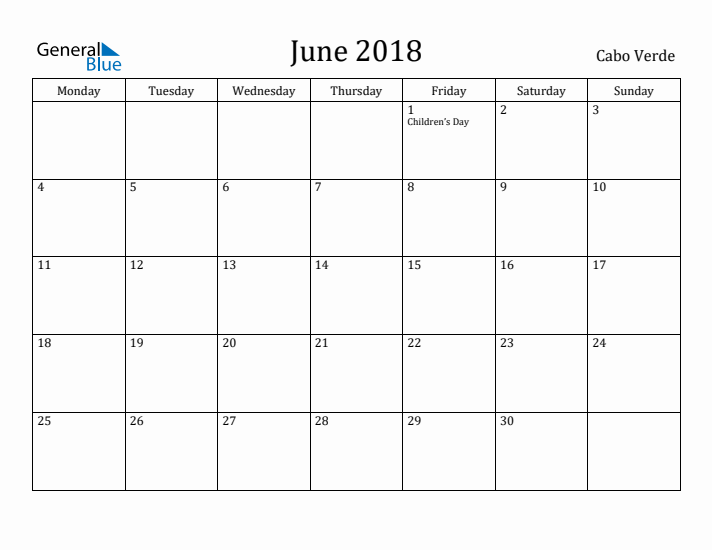 June 2018 Calendar Cabo Verde