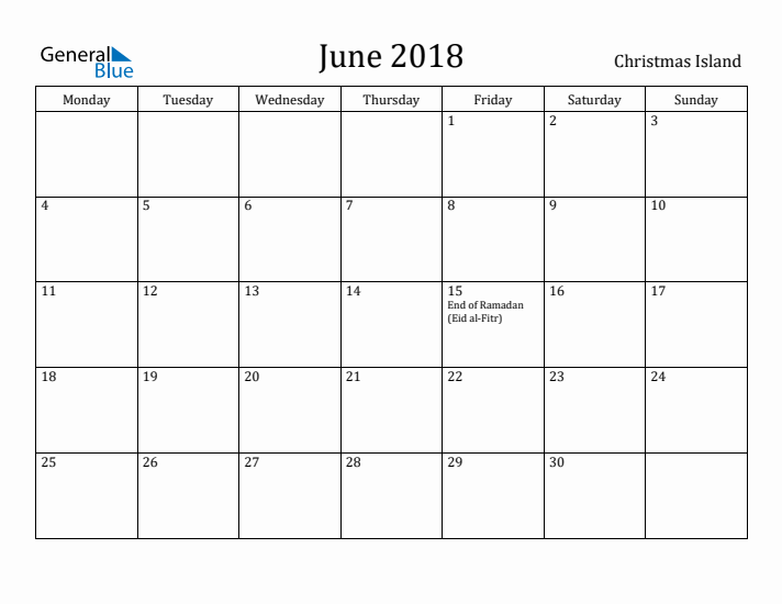 June 2018 Calendar Christmas Island